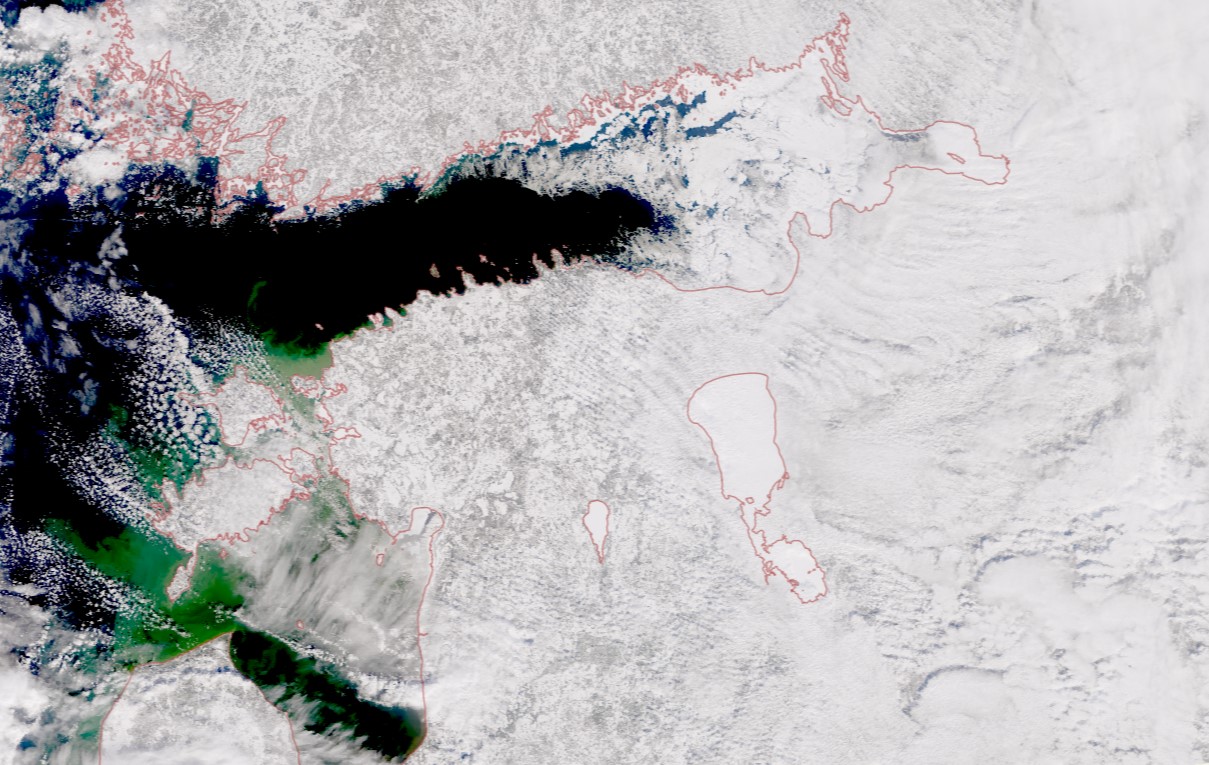 Jääolukord Eesti merealadel 12.03.2023 (Sentinel-3). Jää maksimaalne levik Soome lahel.