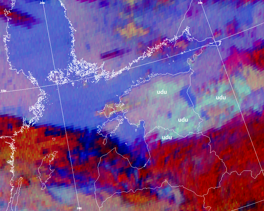 Meteosat satelliidipilt Night Fog RGB näitab udu esinemist öösel Eesti kohal