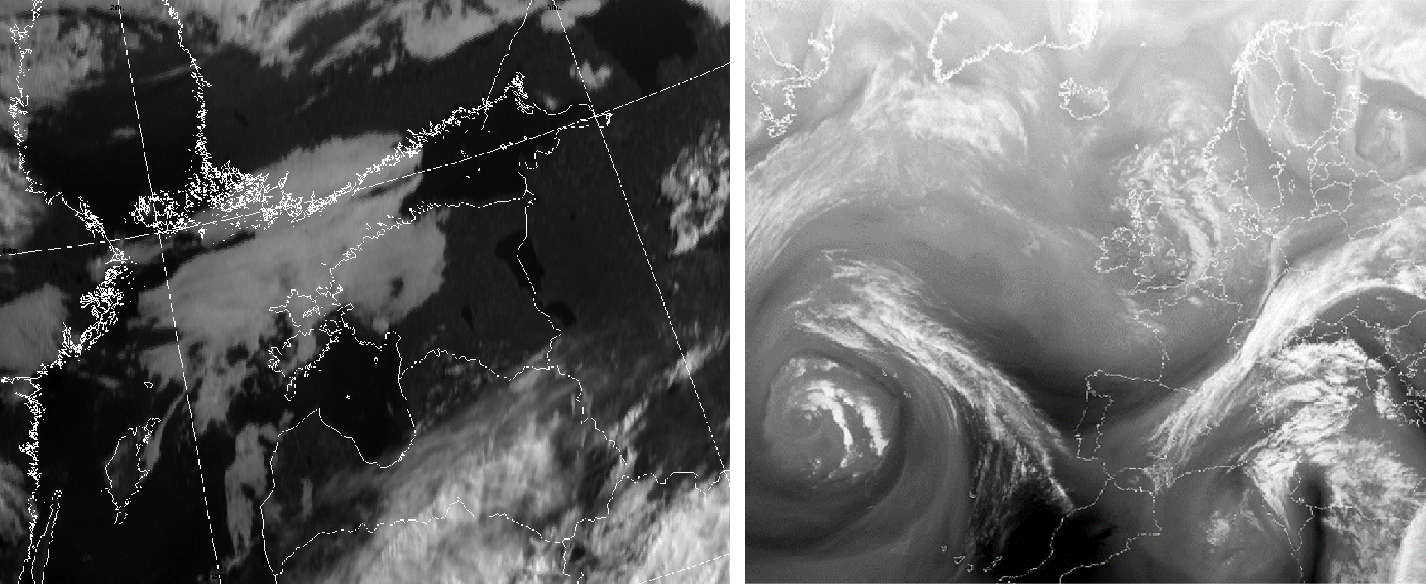 Meteosat satelliidipilt High Resolution Visible kanalis vasakul ja water vapour 7.3 µm paremal.