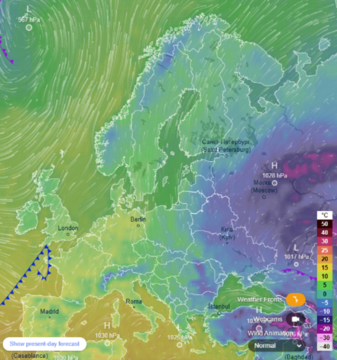 Euroopa ilmasituatsioon ECMWF andmetel (kuvatõmmis: www.ventusky.com) 