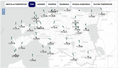 Eesti tuuled (kuvatõmmis: www.ilmateenistus.ee) 25.02.2025 kell 2.00 (Ida-Euroopa aeg)