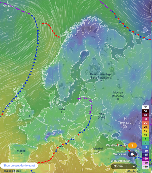 Euroopa ilmasituatsioon ECMWF andmetel (kuvatõmmis: www.ventusky.com)