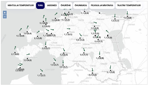 Eesti tuuled (kuvatõmmis: www.ilmateenistus.ee) 01.03.2025 kell 14.00 (Ida-Euroopa aeg)