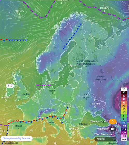 Euroopa ilmasituatsioon ECMWF andmetel (kuvatõmmis: www.ventusky.com)