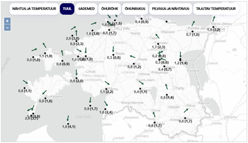Eesti tuuled (kuvatõmmis: www.ilmateenistus.ee) 28.02.2025 kell 2.00 (Ida-Euroopa aeg)