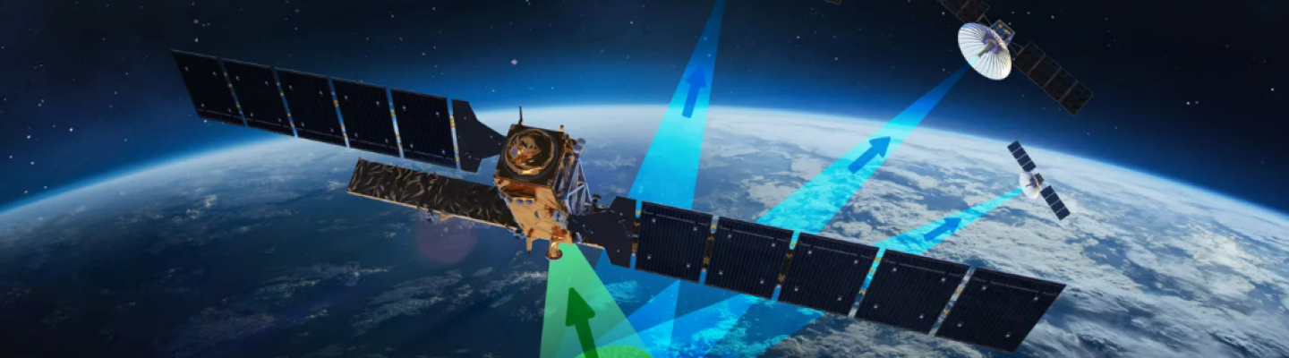 Kunstniku nägemus KappaZeta globaalsest metsa kõrgust mõõtvast satelliitmissioonist Sentinel-1 kaassatelliitide abil.